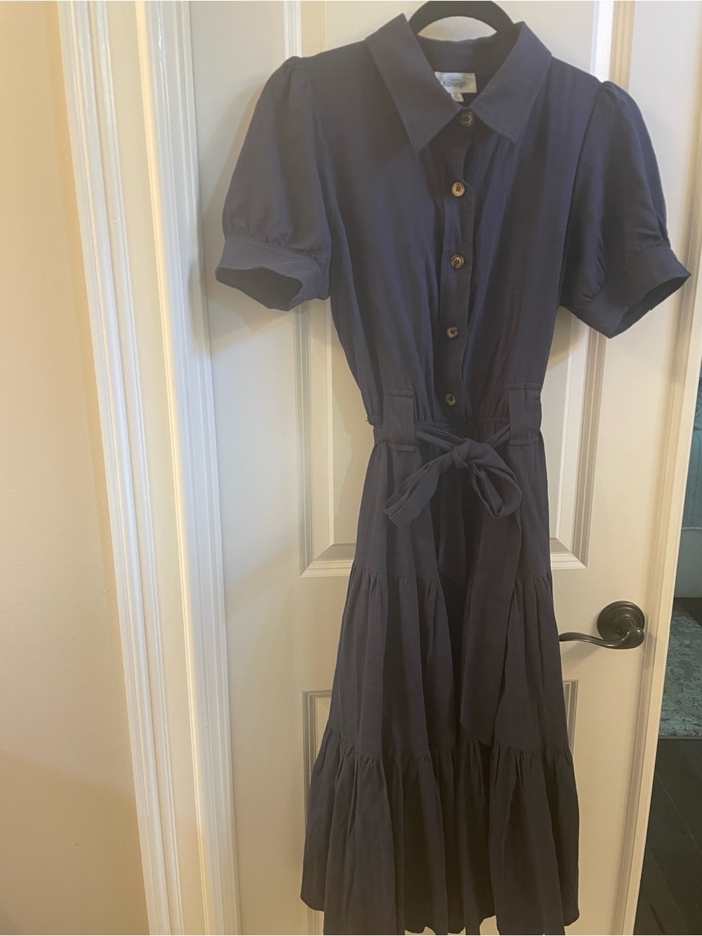 Kaileigh Navy Button-Front Tiered Midi Dress with Tie Waist